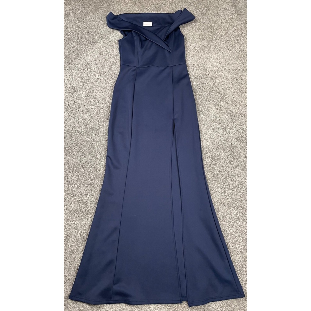 Showpo Dress Womens 8 Navy Maxi Gown Off Shoulder Event Bridesmaid Stretch Slit